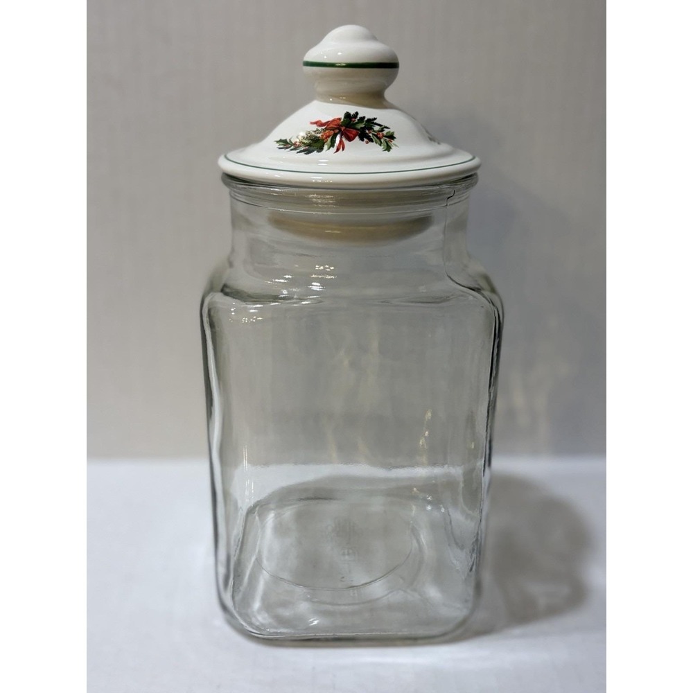 Pfaltzgraff Square Clear Glass Canister w/ Ceramic Floral Holiday Lid, 1pc